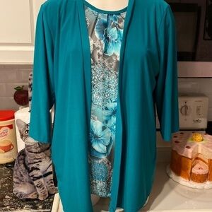 B womens First Choice turquoise 2 pc attached 3/4 sleeve stretch plus top XXXL
